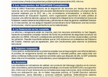 El SUNTUAS advierte paros y movilizaciones si la SEP no cumple con el respaldo financiero